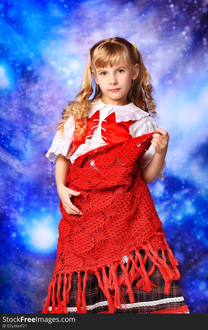 Christmas girl in festive costume over stellar sky. Christmas girl in festive costume over stellar sky.