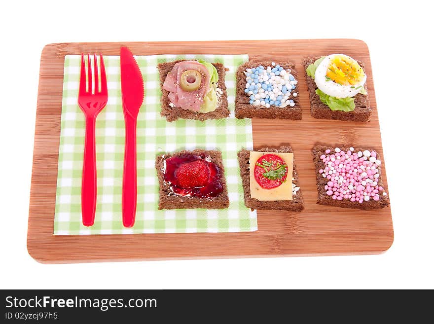 Varied decorative slices of bread isolated over a white background