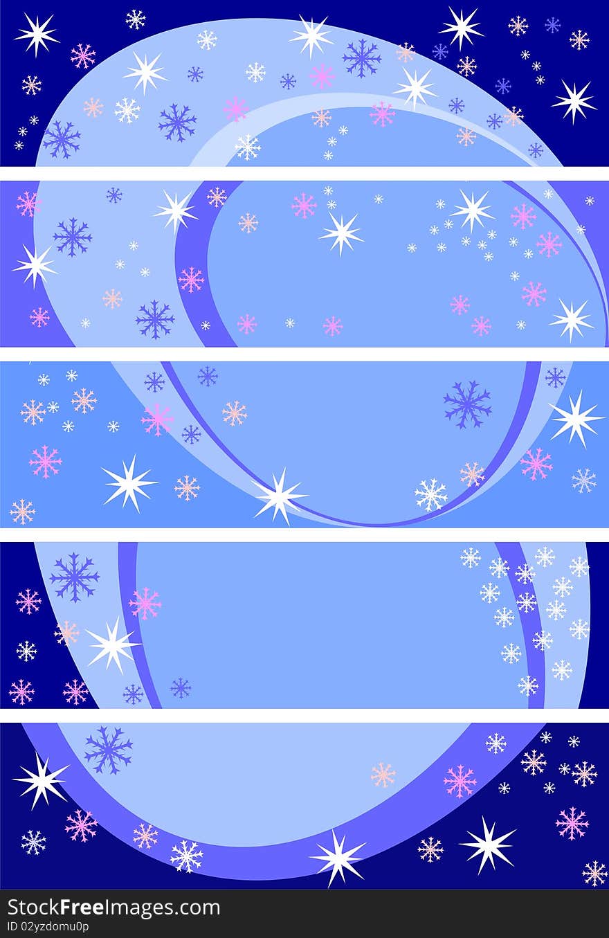 Winter banner with snowflakes of different shapes on a blue background