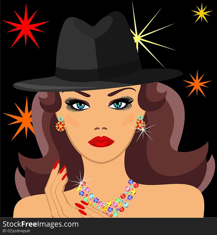 Glamorous lady in the jewelry and a hat. Glamorous lady in the jewelry and a hat