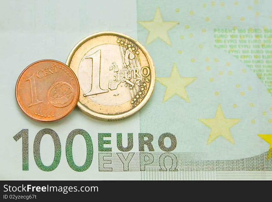 One euro, one cent on one hundred euro bill