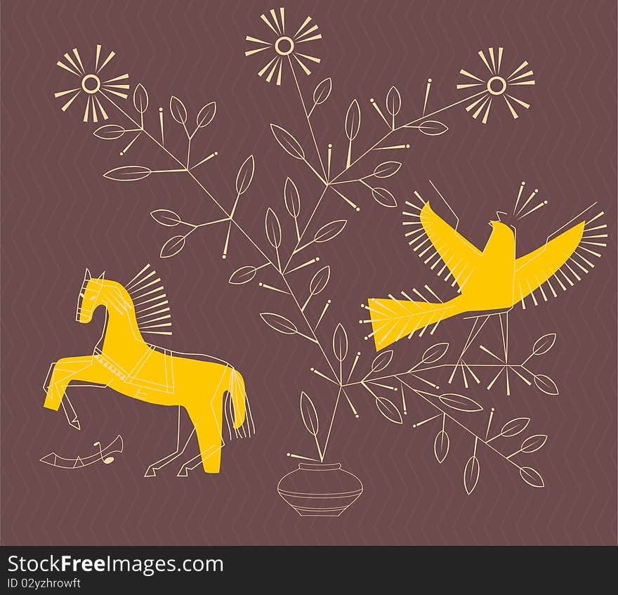 Decorative horse and bird on floral background