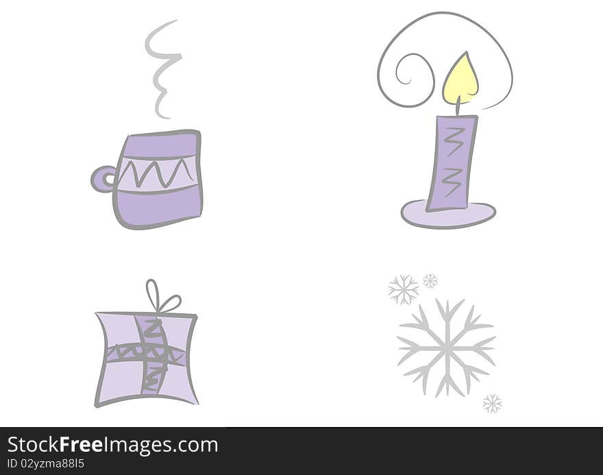 Set of 4 colorful christmas/winter-related illustrations including mug with hot drink, candle, gift package, snowflake. Set of 4 colorful christmas/winter-related illustrations including mug with hot drink, candle, gift package, snowflake