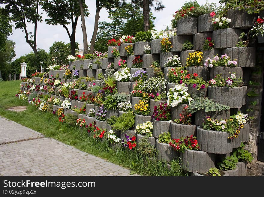 Beautiful many-tier floral flowerbed, Kamianets-Podilsky, Ukraine