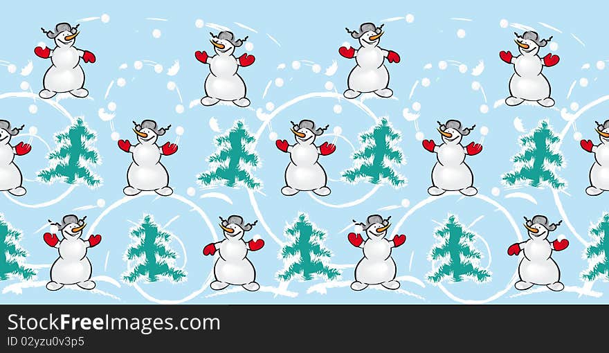 Snowmans playing snowballs. Vector, Cartun Illusration, Seamless Background. Snowmans playing snowballs. Vector, Cartun Illusration, Seamless Background.