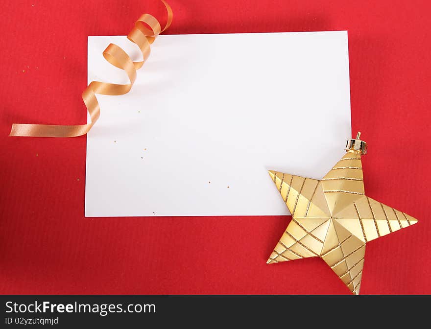 Blank christmas card over red background with decorative ribbon and star. Blank christmas card over red background with decorative ribbon and star