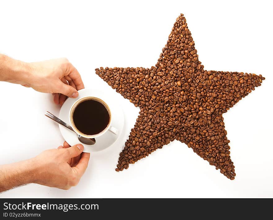 Coffe cup with coffee beans isolated on white. Coffe cup with coffee beans isolated on white