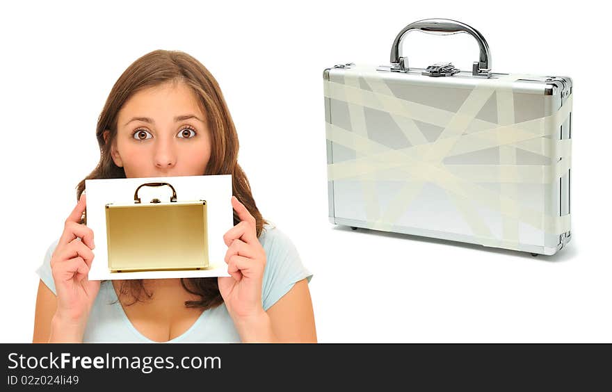 Beautiful woman with golden briefcase next to an old one