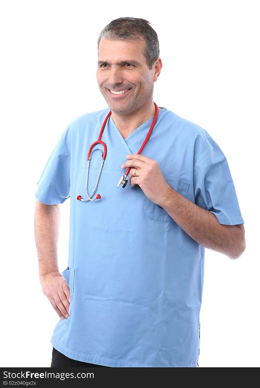 Doctor holding a stethoscope in a white background