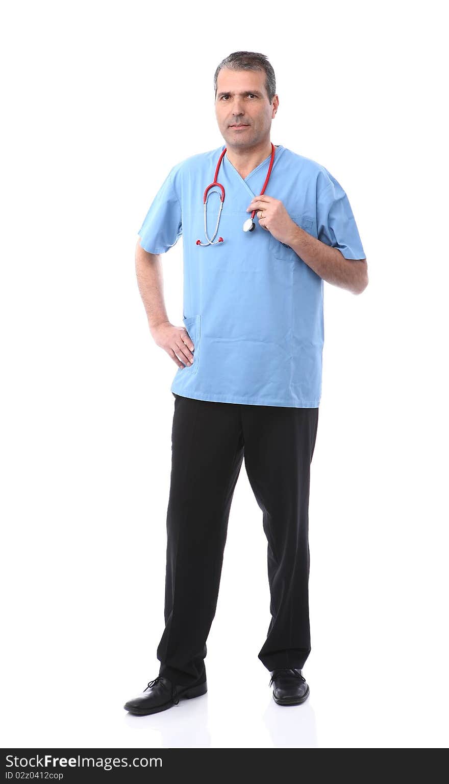 Doctor holding a stethoscope in a white background