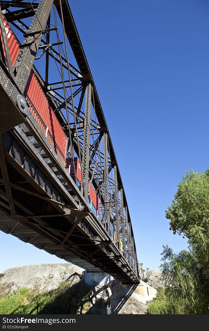 Low angle view of a cargo train bridge. Low angle view of a cargo train bridge