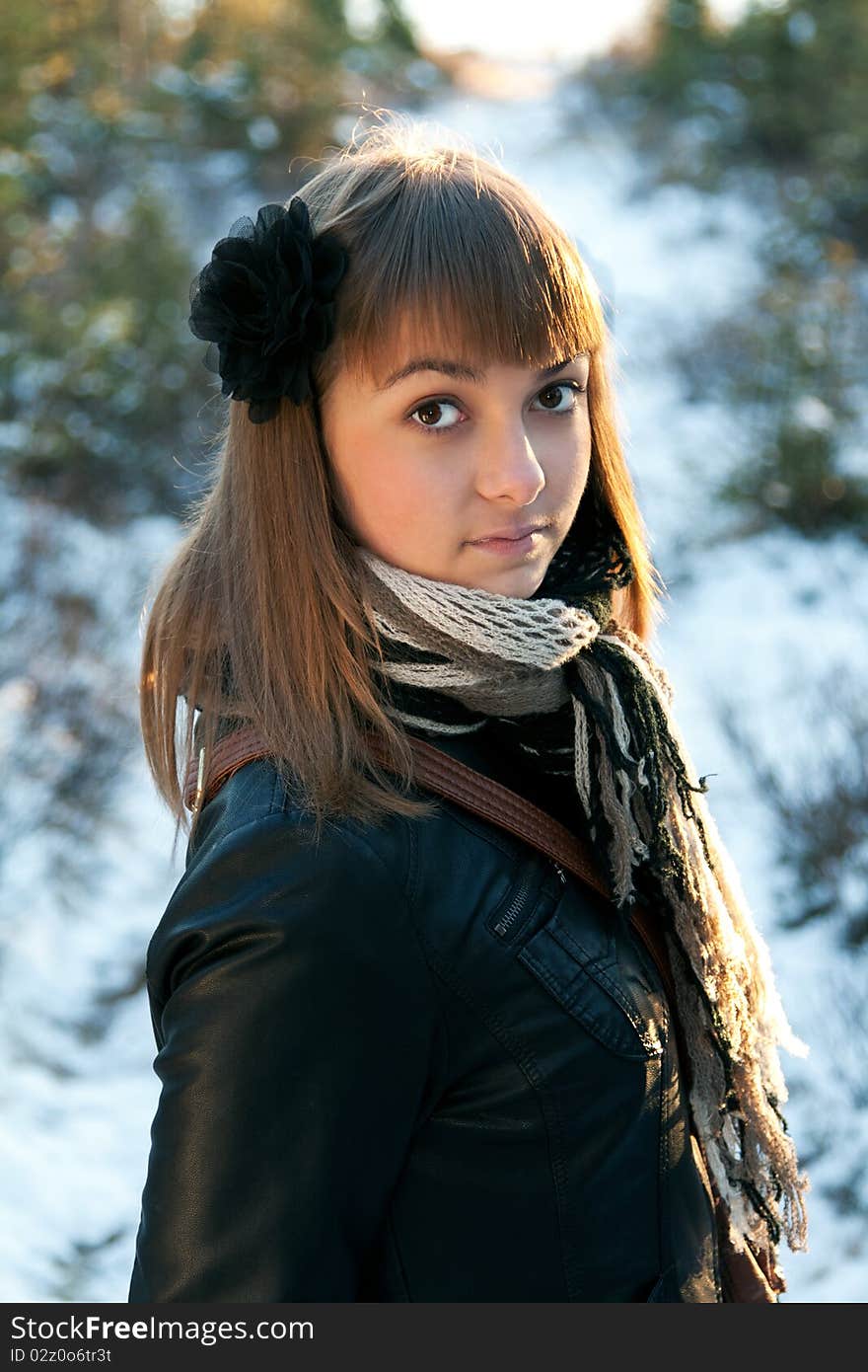 Portrait of the young beautiful girl in wood