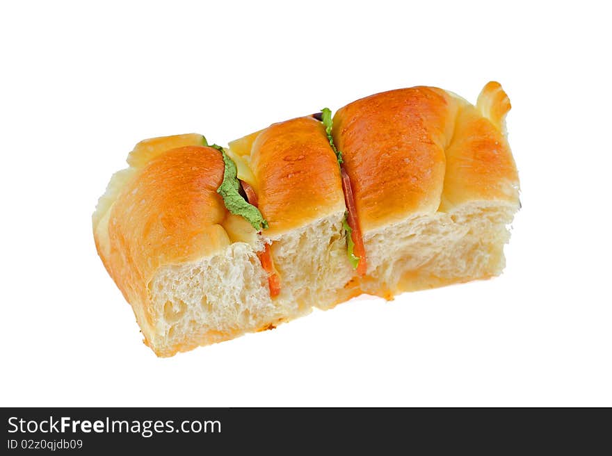 Vegetable and ham bread on white background