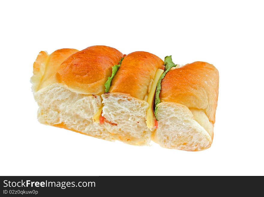 Ham and veggies bread on white background