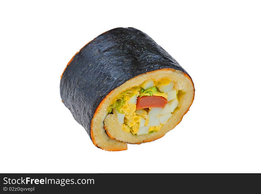 Roll bread with egg and sausage on white background