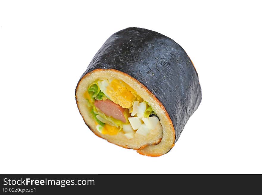 Egg and veggies roll bread on white background