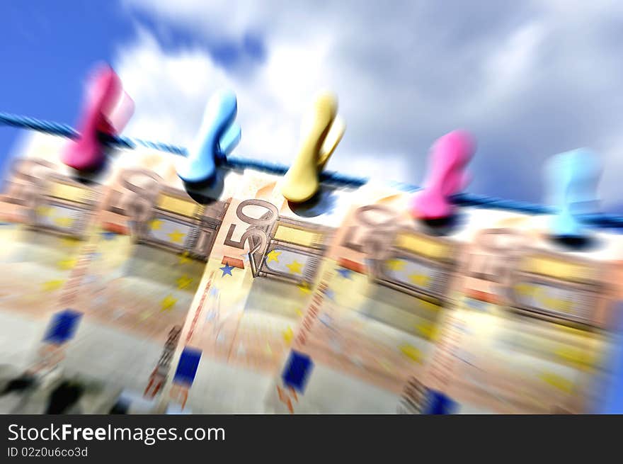 Euro banknotes on washing line with zoom effect. Euro banknotes on washing line with zoom effect