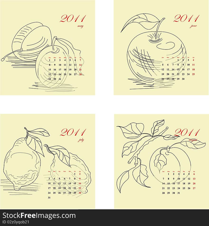 Calendar for 2011 with fruit. Part 2. Universal template for greeting card, web page, background