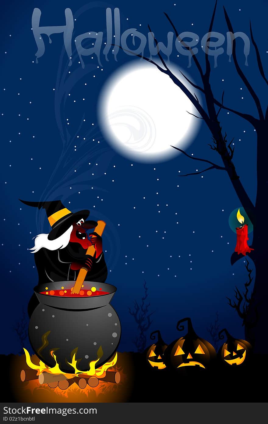 Illustration of scary witch cooking in halloween night