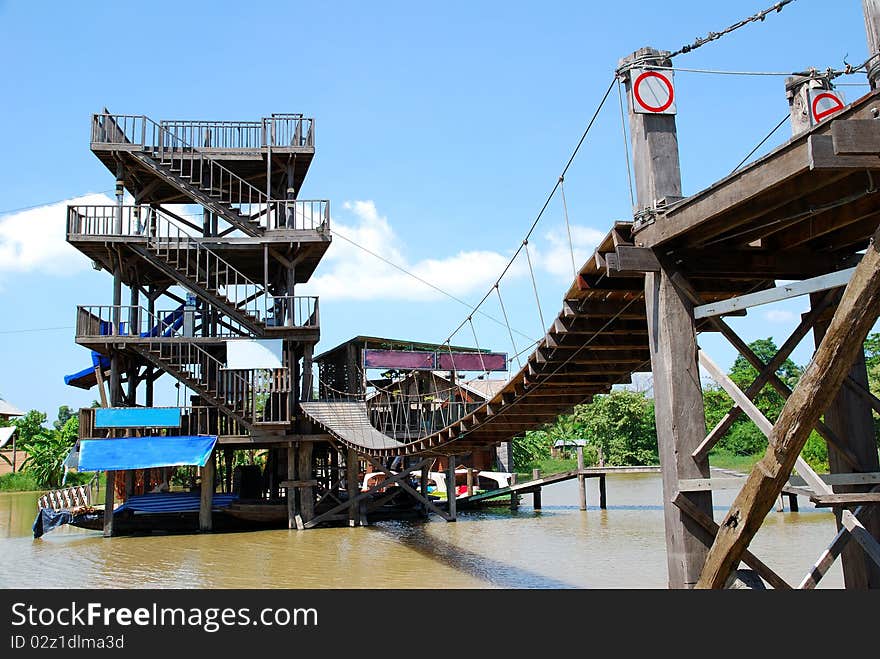 Tower and rope bridge.