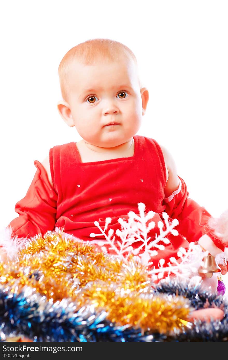 Baby in Santa Claus hat on white background