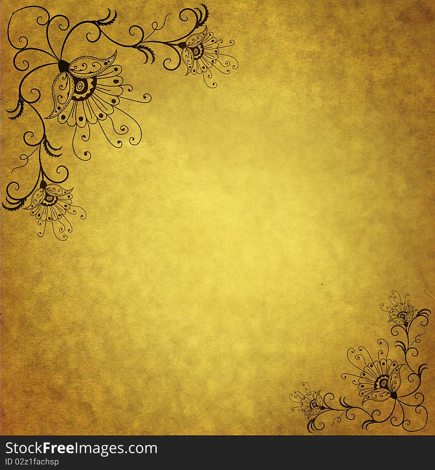 Old dark yellow paper with floral frame. Old dark yellow paper with floral frame