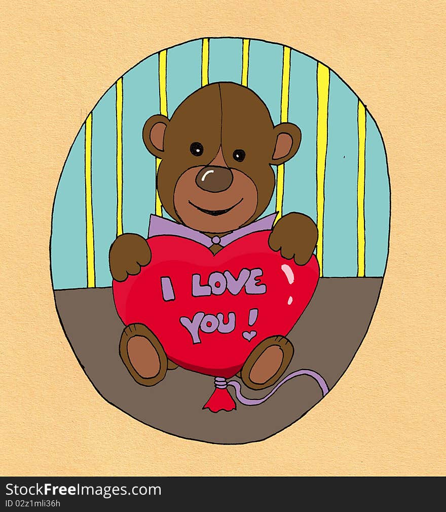 A lovely valentine teddy bear with an heart shaped balloon, with written I love you.