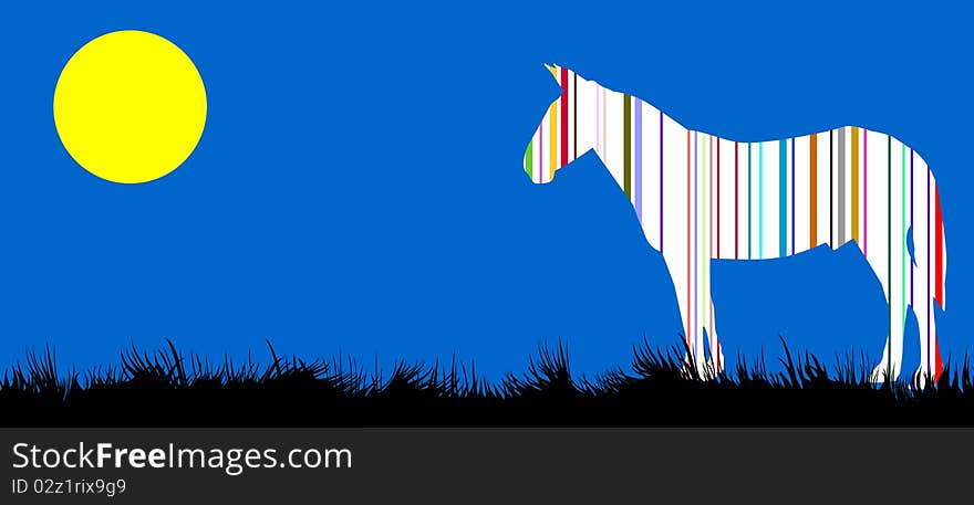 Vector silhouette of a horse in a bar code on a meadow. Vector silhouette of a horse in a bar code on a meadow