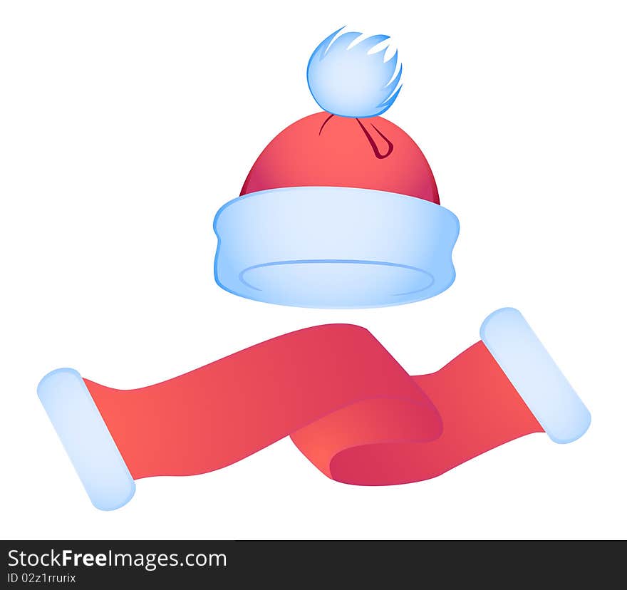 Vector winter hat of red and dark blue colors with a white woolen ball and a scarf. Vector winter hat of red and dark blue colors with a white woolen ball and a scarf