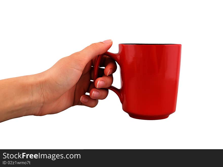 Red cup in hand on white background