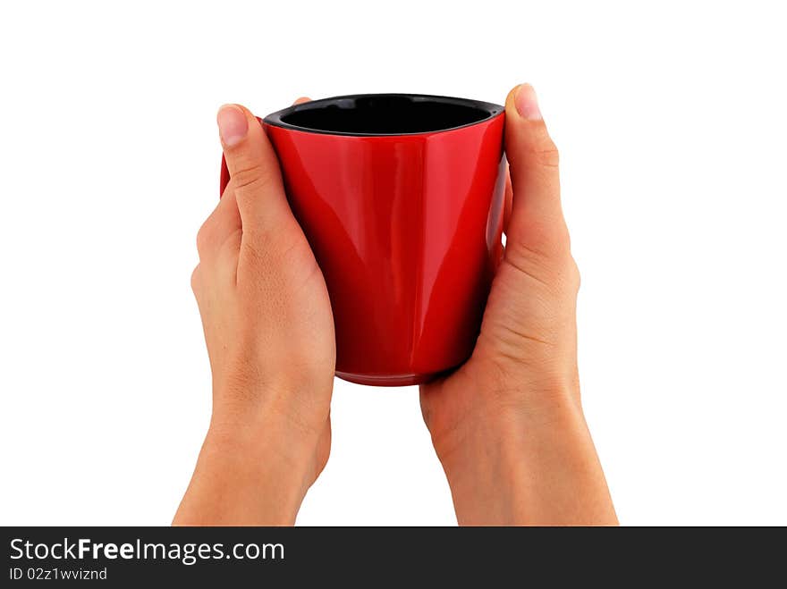 Red cup in hand on white background