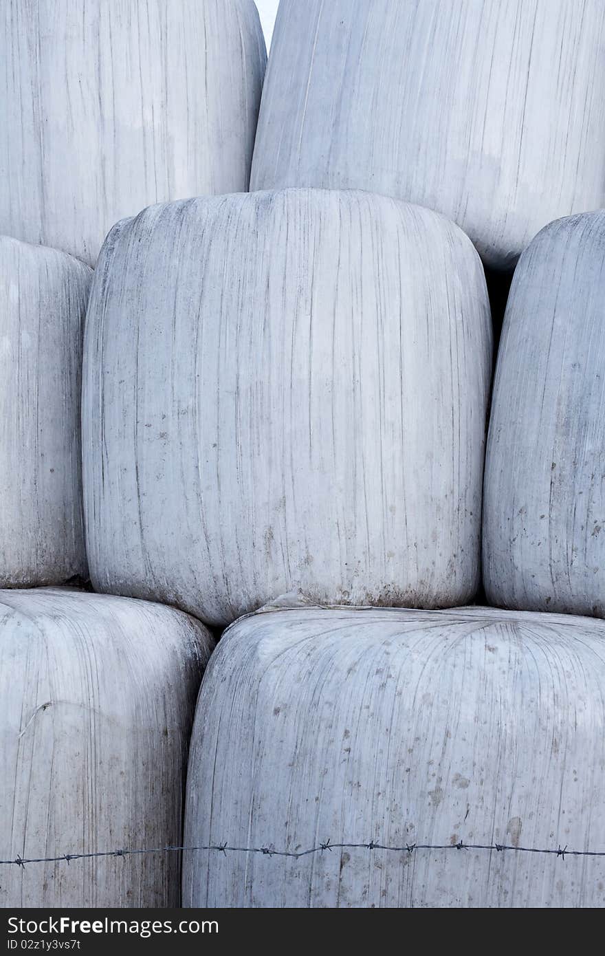 Hay Bales Wrapped In Plastic Closeup