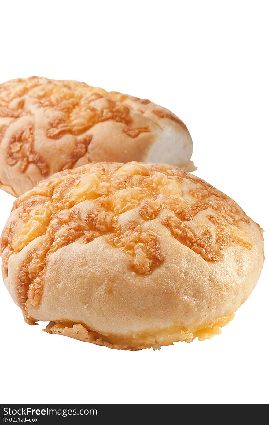 Rich white bread topped with cheese on a white background.