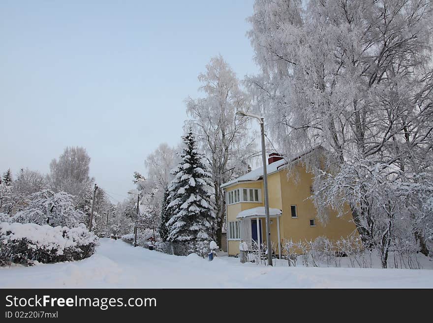 Wooden Finnish house in winter