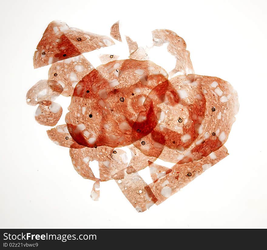 Food composition: salami slices on white background. Food composition: salami slices on white background