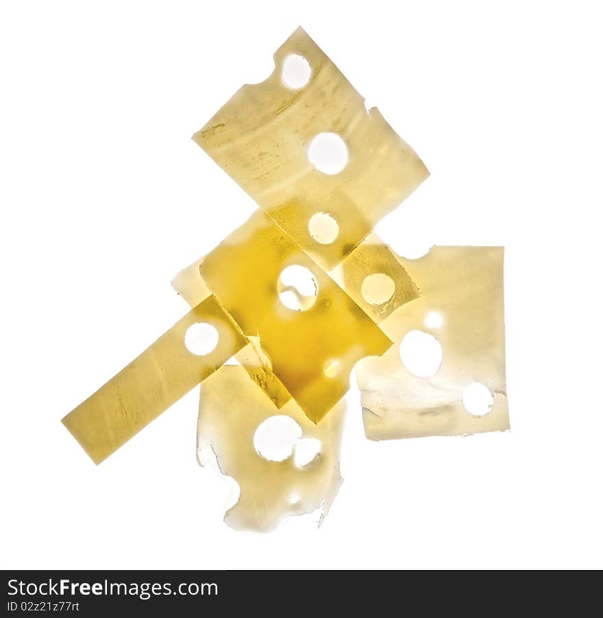 Food composition: swiss cheese slices on white background. Food composition: swiss cheese slices on white background