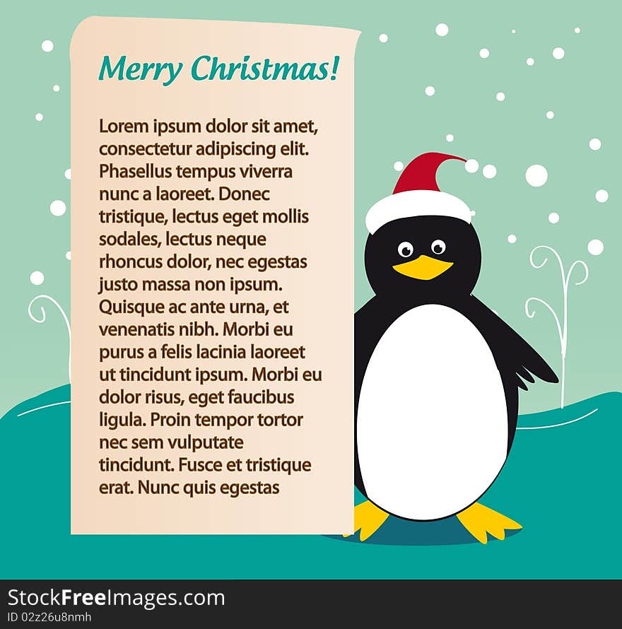 Winter illustration of christmas penguin with text field