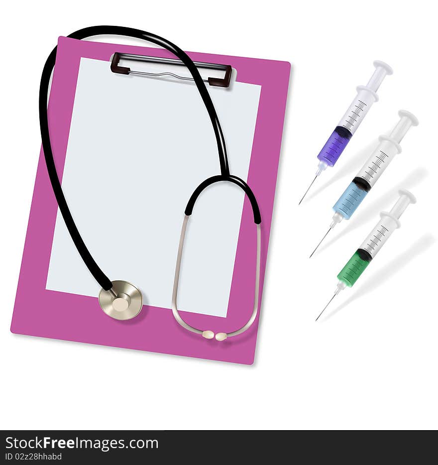 Stethoscope and blank clipboard. Syringe with needle. Vector