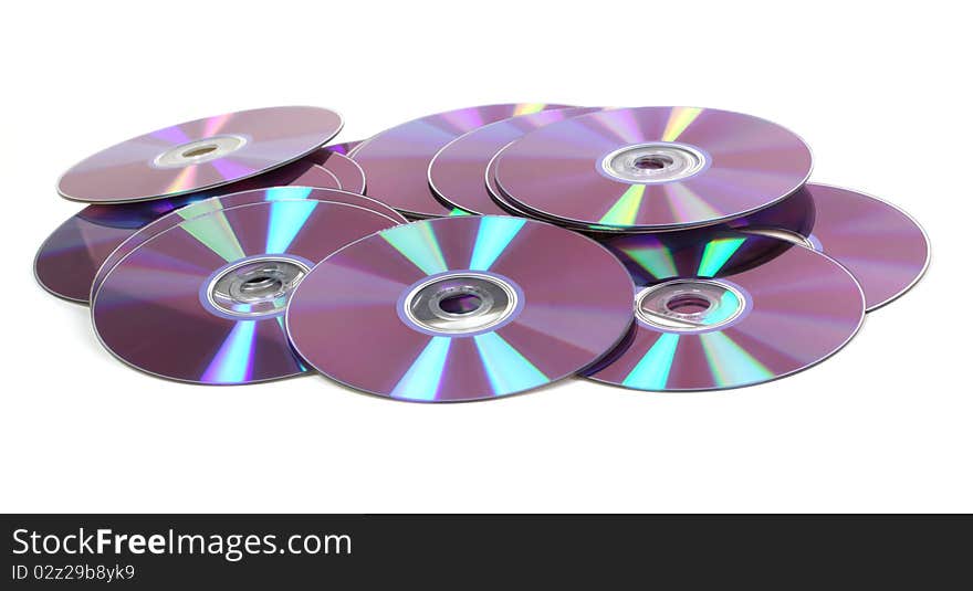 Bunch of DVD discs photographed in a studio on a white background