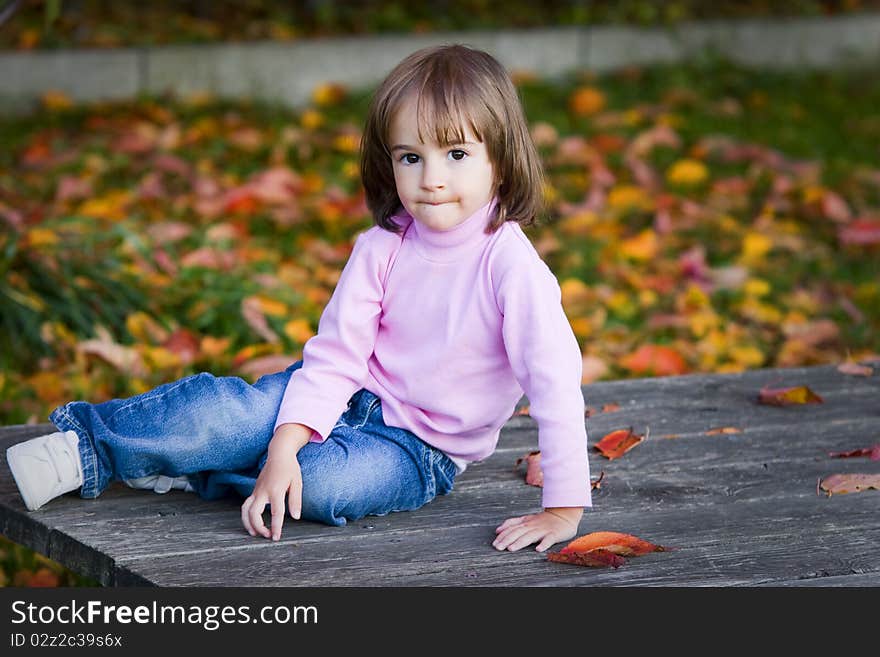 Portrait of a little girl sitting in the autumn park. Portrait of a little girl sitting in the autumn park