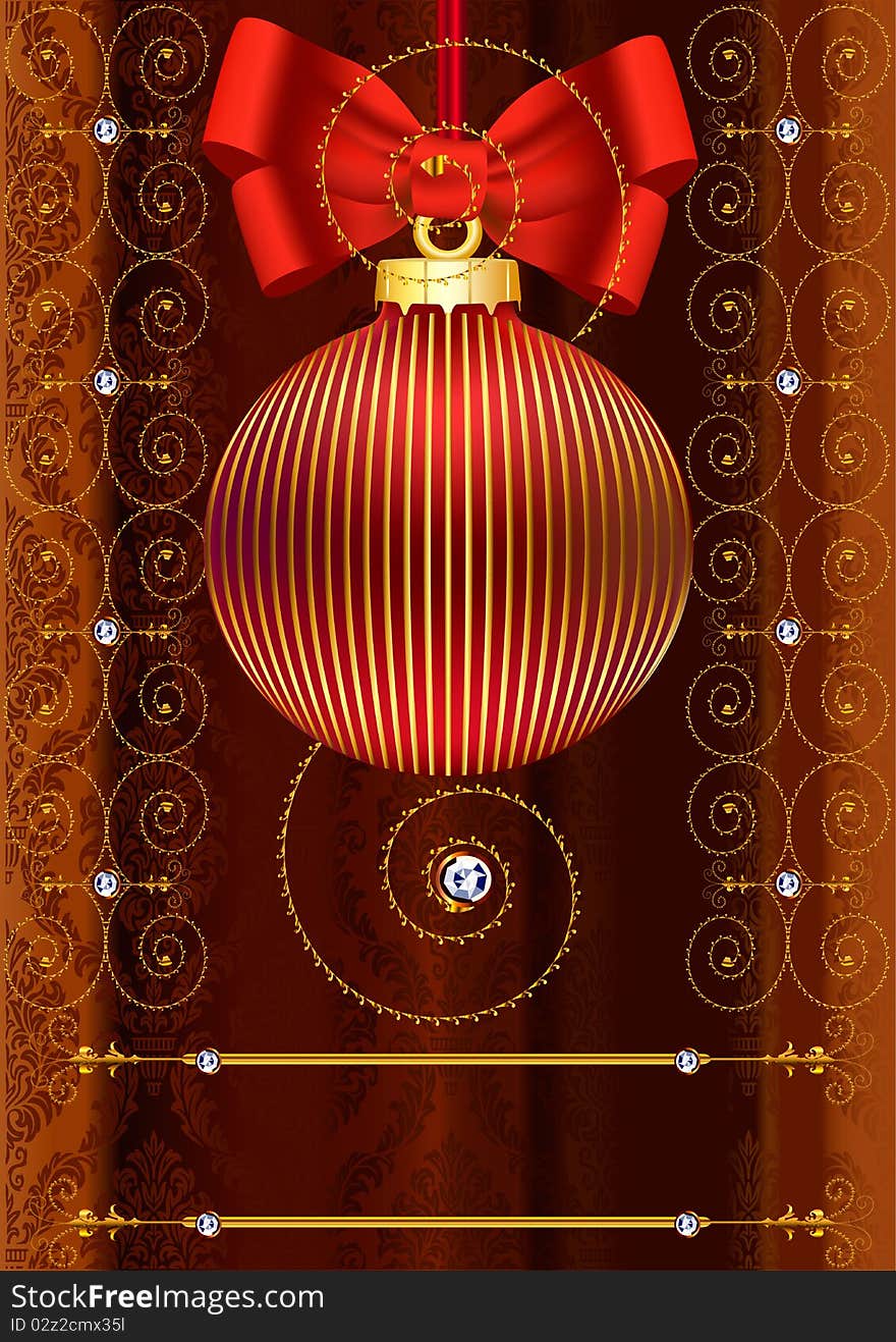 Ball, New Year's ornament with a red bow on a background Red curtain and gold patterns. Ball, New Year's ornament with a red bow on a background Red curtain and gold patterns