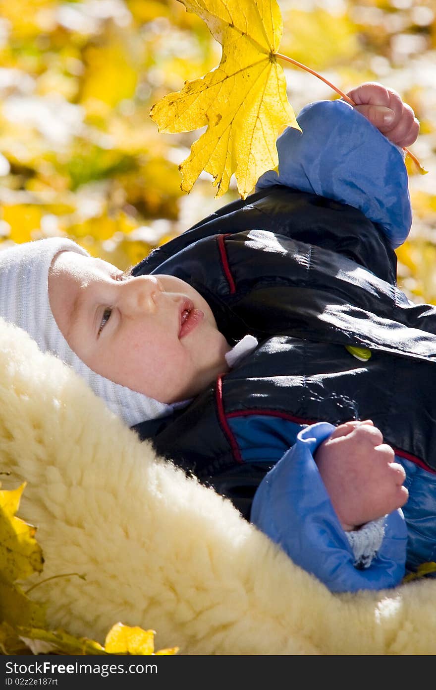 Baby boy with autumn leave