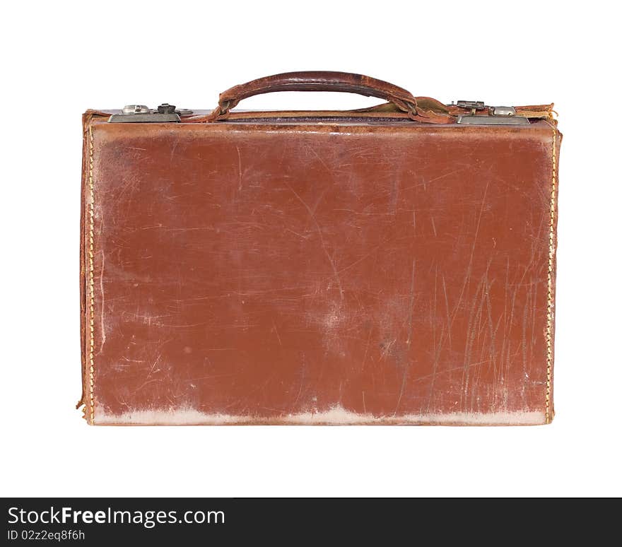 Old Fashioned Leather Suitcase, Isloated On White