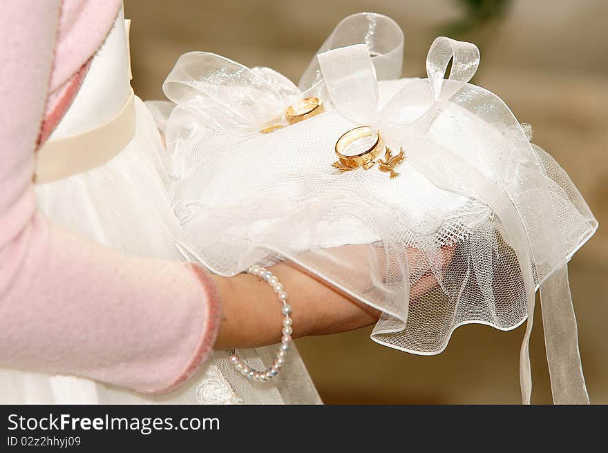 Wedding rings on a white lace pillow