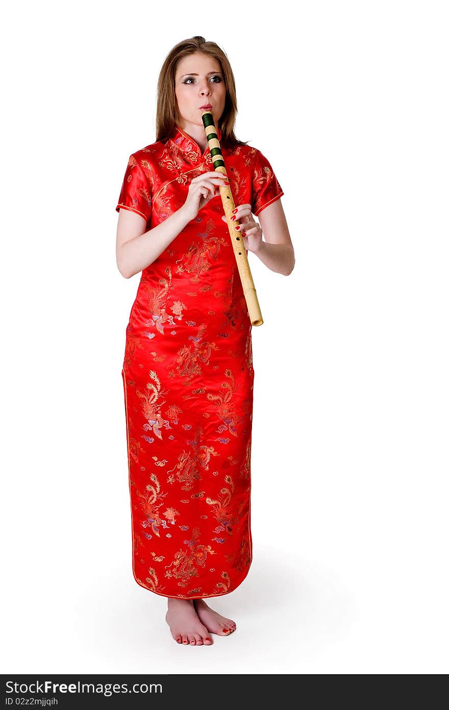 China-style woman in red dress with flute