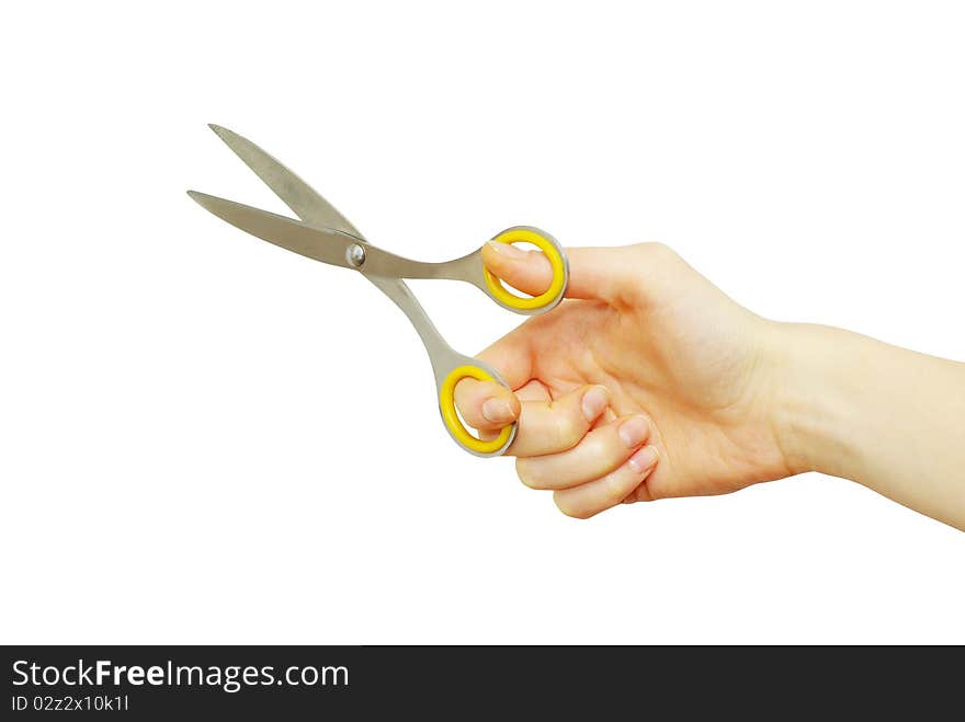 Scissors in hand isolated on white background