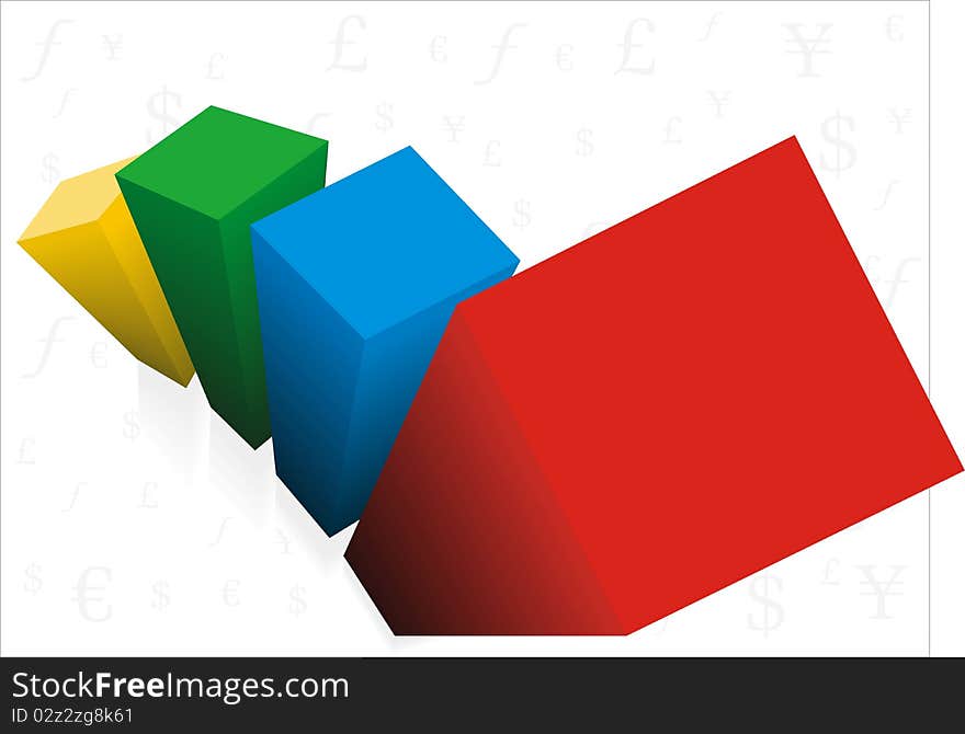 View of bar graph form the distribution  on a background of some currencies symbols. View of bar graph form the distribution  on a background of some currencies symbols