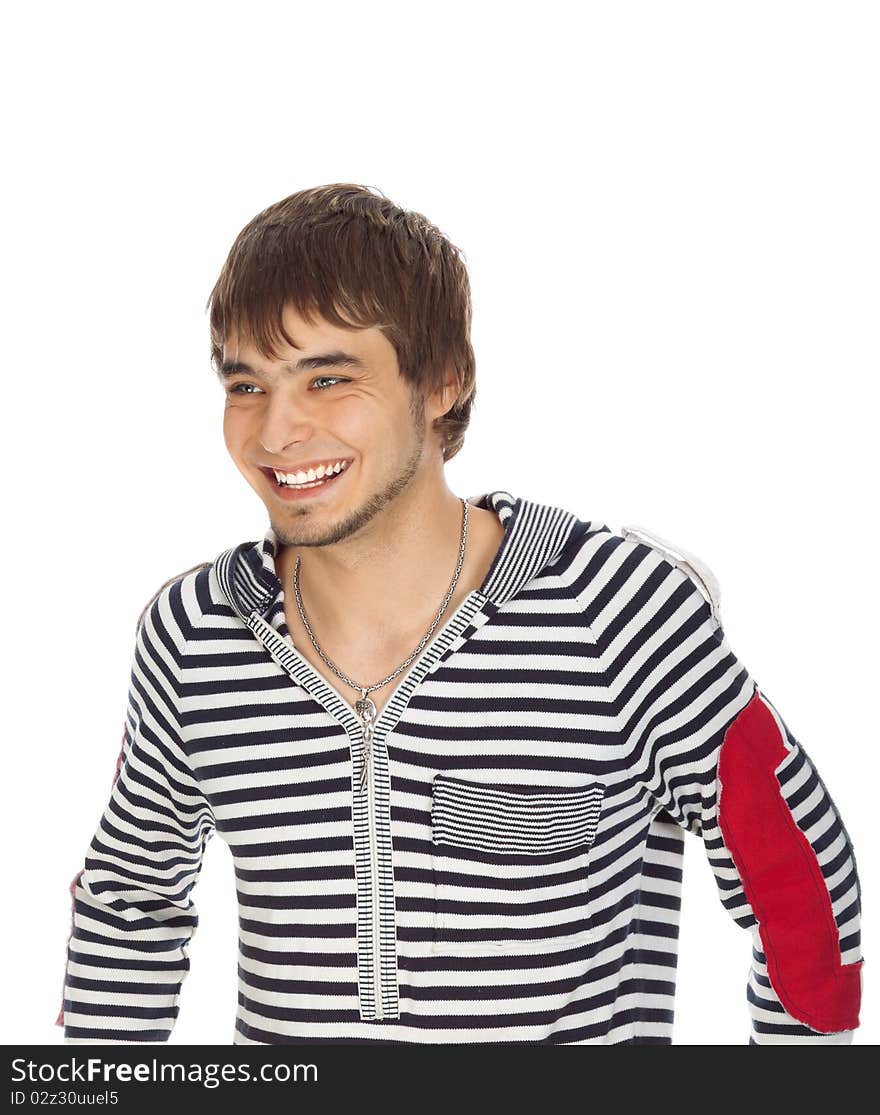 Attractive guy laughs isolated on white