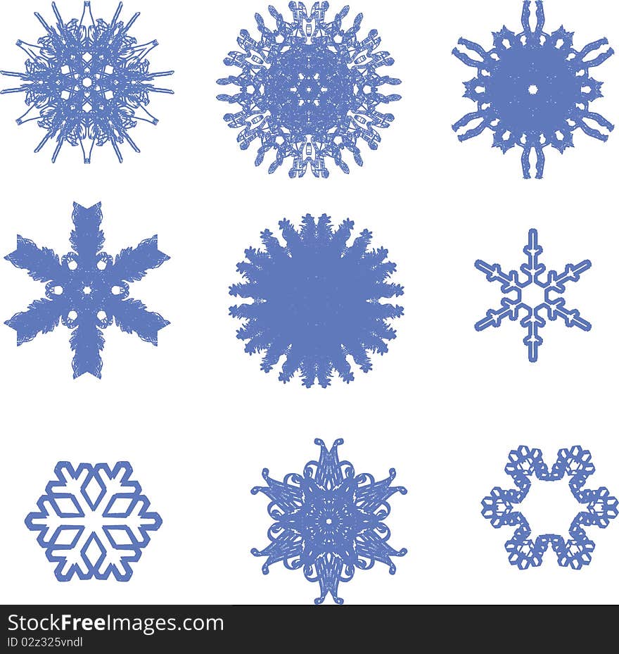 Six beautiful snowflakes on a white