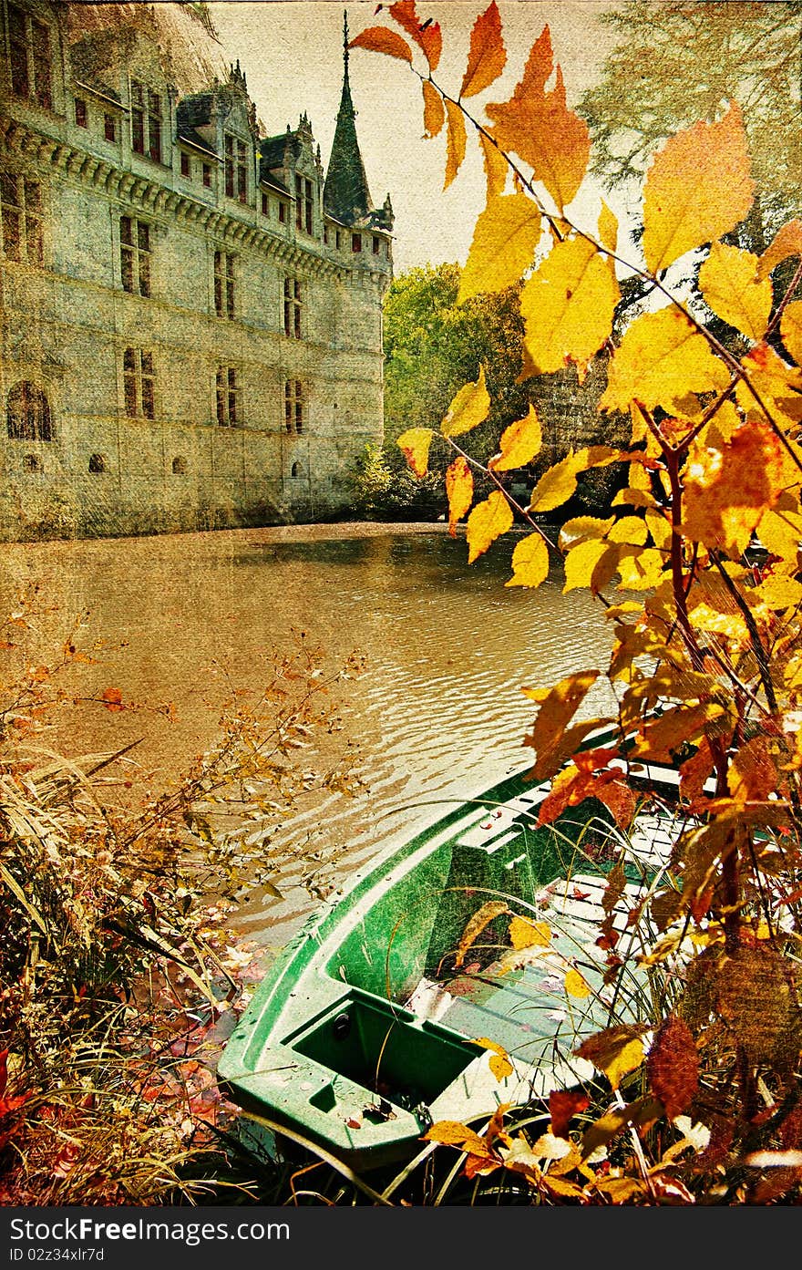 Pictorial autumn scene with castle and old boat - artwork in painting style. Pictorial autumn scene with castle and old boat - artwork in painting style